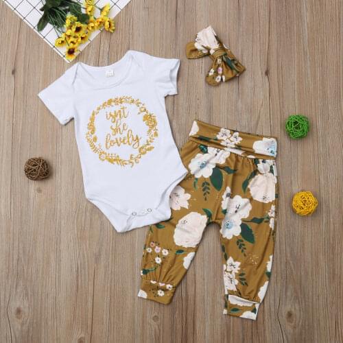 Baby Boys Letter Tops Girls Romper + Flower Pants + Headband Outfits Newborn Clothes Kids 3pcs Set Baby Clothing Babys Sets