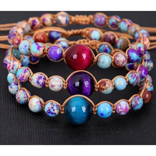 Dropshipping Leather Wrap Bracelet Stones Multi Color Natural Stone Tiger Eye Beads Rope Weaving Statement Art Bracelet Gifts