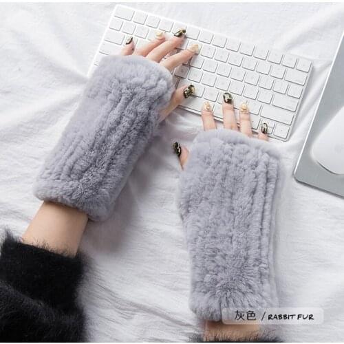 Elegant Women Real Rabbit Fur Winter Fingerless Gloves Hand-Woven Warm Mittens Fluffy Soft