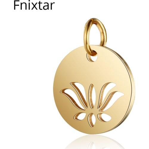 Fnixtar High Quality Gold Color Stainless Steel Lotus Round Hollow Charm For DIY Jewelry Making Never Fade Metal Charm 10pcs/lot
