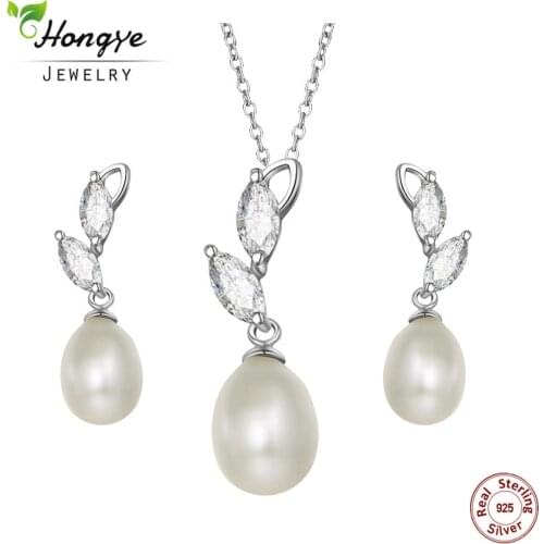 Hongye Necklace&Drop Earring 100% Natural Freshwater Pearl Jewelry Sets For Women Gifts Elegant Romantic 925 Sterling Silver