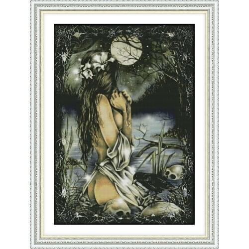 Joy Sunday Women And The Full Moon Chinese Cross Stitch Kits Ecological Cotton Printed 11CT DIY Gift Wedding Decoration For Home