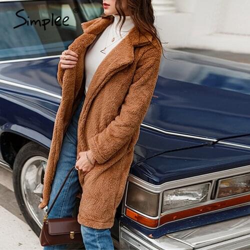 Simplee Women Winter Suede Jacket 2019 Fashion Teddy Bear Caramel Long Coat Female Long Sleeve Faux Fur Coat Fluffy Outerwear