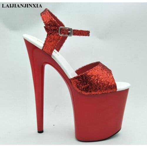 LAIJIANJINXIA New Red Sequins Ankle Straps 20cm Ultra High Heels Transparent Platform Heel Sandals Summer Womens Shoes