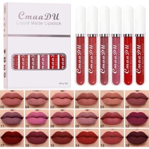 6 Colors/Set Matte Velvet Lip Gloss Sets Natural Moisturize Waterproof Long Lasting Non-stick Cup Liquid Lipstick Cosmetic Kit