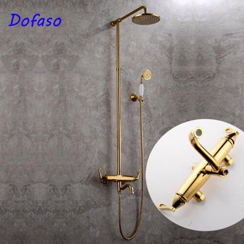 Dofaso gold shower set European style brass mixer tap wall mounted bathroom big rainfall shower faucet