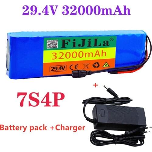 100% New 7S4P 24V 32Ah 29.4V FOR Lithium-ion Battery Pack Built-in BMS Electric Bike Unicycle scooter wheelchair Motor + Charger