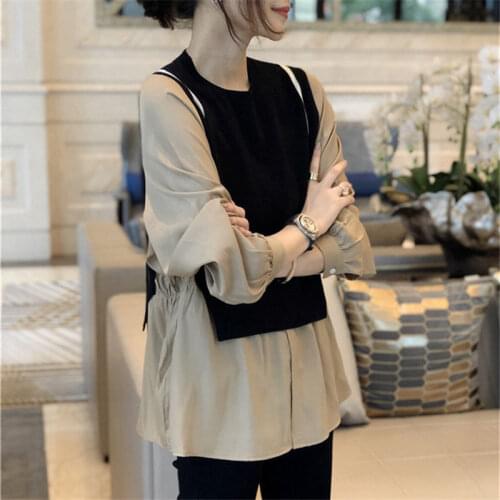 2021 Spring And Autumn New Korean Fashion Stitching Ladies Long-sleeved Round Neck Wild Fake Two-piece Knit Sweater Tops e137