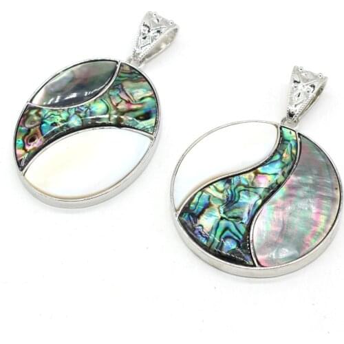 Natural Shell Alloy Pendant Exquisite Oval White Black Shell Abalone Shell Accented Charms for Jewelry Making Necklace Bracelet