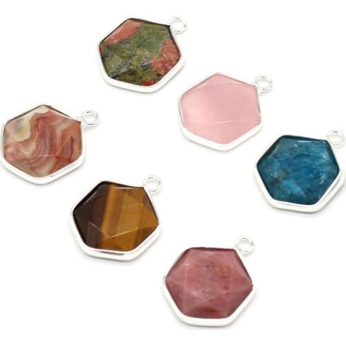 Charms Natural Tiger Eye Stone Stone Silver-plated Hexagonal Pendant Charms for Jewelry Making DIY Necklace Accessories 16x40mm