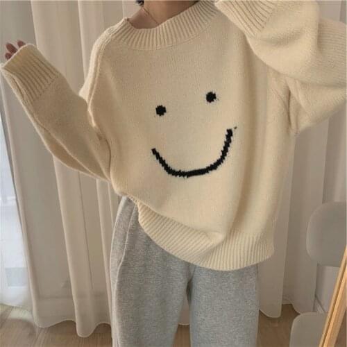 Harajuku Pullover Women Autumn Cute Smiley Pattern Loose Casual Korean Fashion Ulzzang Kawaii Sweater Knitted Jumper Outwear