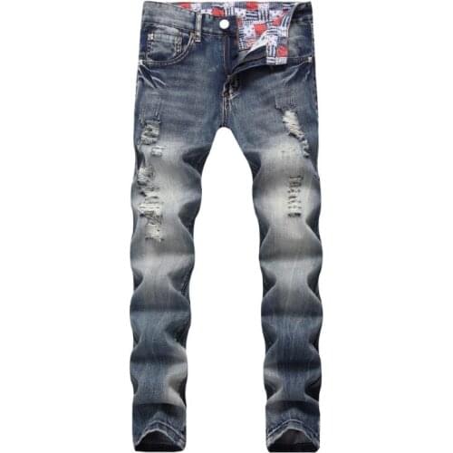 Ripped Straight Mens Washed Distressed Denim Fashion Casual Jeans Long Trousers High Qulaity Szie 28-42