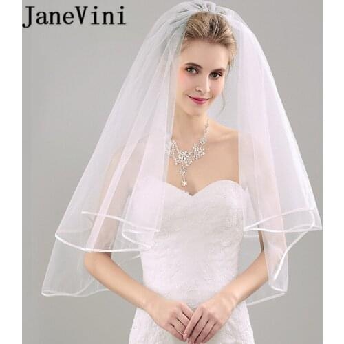 JaneVini Voile Musulman Bridal Veil Short Wedding Comb Two Layers Ribbon Edge Ivory Wedding Veils with Comb Bride Accessories