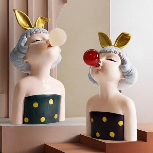 WU CHEN LONG Blowing Bubbles Girl Art Sculpture Rabbit Character Figurine Statue Resin Crafts Creative Modern Home Decor R4976