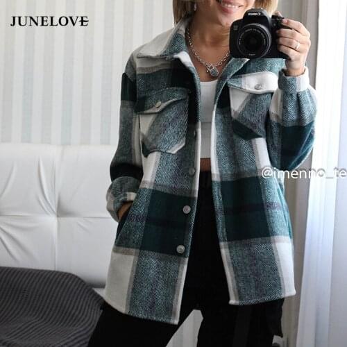 JuneLove Plaid Jacket Women Coat New Spring Autumn Vintage Stylish Pockets Oversized Jacket Coat Casual Warm Chic Tops Outwears
