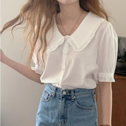 Womens dearest Korean East Gate cute love ~ Baby collar bubble sleeve pleated shirt