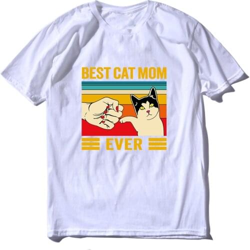 New Vintage Best Cat Mom Ever Fist Bump Printed T-Shirt Womens Summer Casual Top T-Shirt Mothers Day Gift Short Sleeve Tees