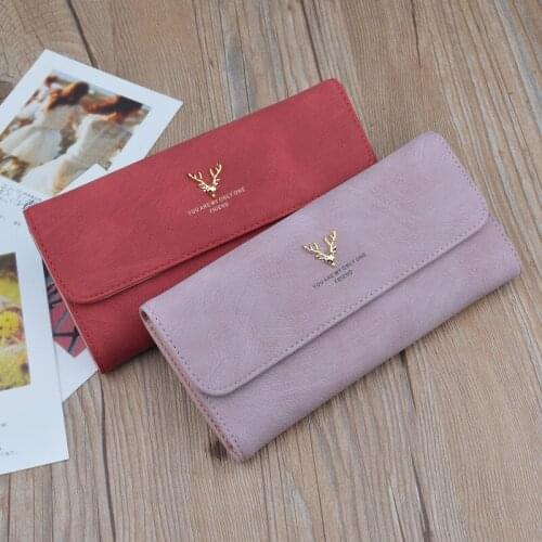 Women Wallets Deer Head Pu Leather Long Clutch Bag Female Fashion Three Fold Coin Purses Card Holder Ladies Money Clip