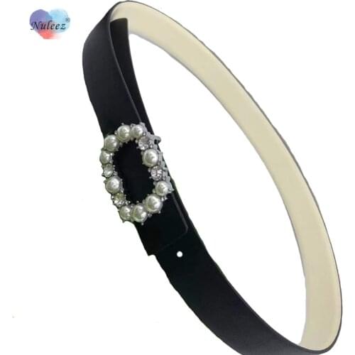 Nuleez Belt Women Reversible Double Face Cowhide Leather Pearl and Copper Buckle Sweet Lady Daily Dress Accessory