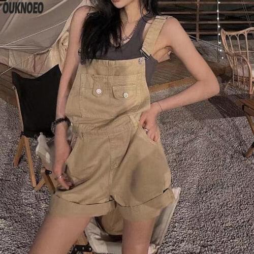 Womens Denim Jumpsuit Summer High Waist Wide Leg Shorts Korean Street Style Tooling Straps Short Pants Woman Denim Overalls2021