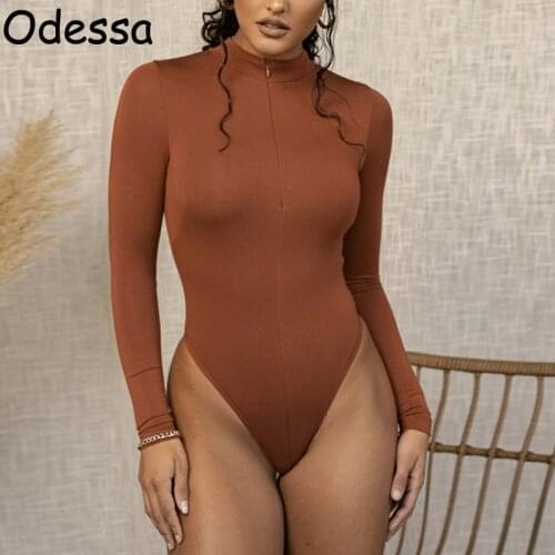 Odessa 2021 Autumn Long Sleeve Half Turtleneck Bodysuit Sexy Zip Bodycon Rompers Body Top Women Black Brown Winter Jumpsuitst