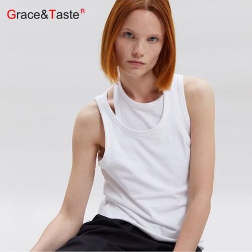 Grace&Taste 2021 Spring Summer Womens Fashion Casual Cotton Waistband Casual Vest Top Round Collar Solid Color Tank Tops
