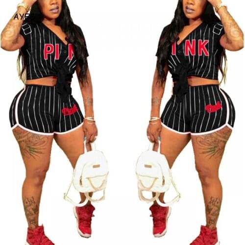 2pcs Shorts Set Women 2020 Summer Pink Letter Striped 2 Pieces Tracksuit Short Sleeve Button Top + Shorts Sportswear Sweat Suits