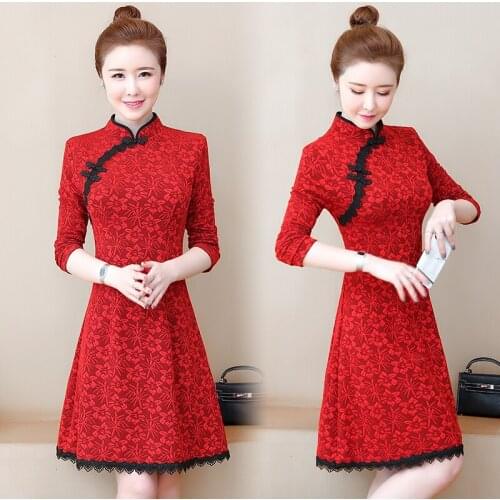 Womens Cute Red Cheongsam Chinese Dress 2021 Autumn Long Sleeve Party Cocktail Slim Casual High Street Birthday Dresses For Lady