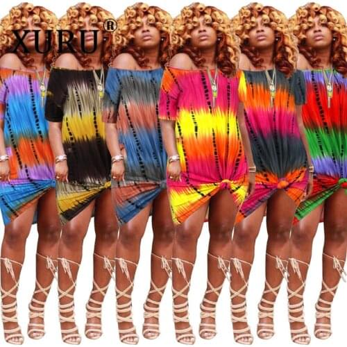 XURU European and American New Style Womens Loose Dress Tie-dye Diagonal Collar Sexy Strapless Short Sleeve Dress