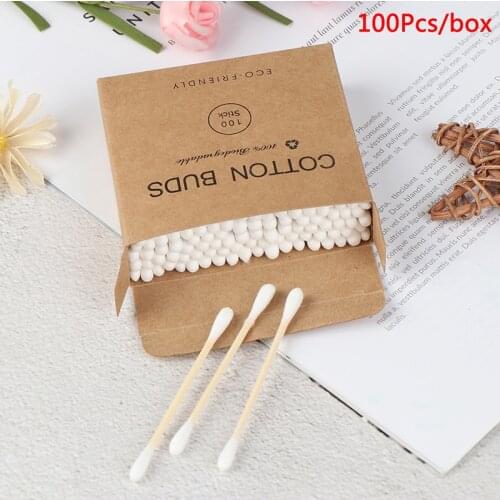 100pcs Double Head Cotton Swab Bamboo Cotton Swab Wood Sticks Disposable Buds Cotton For Beauty Makeup Nose Ears Cleaning