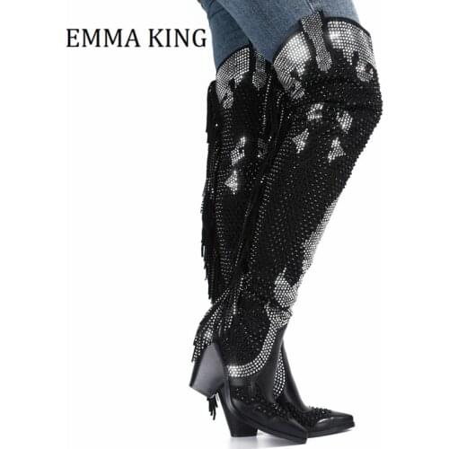 2020 Winter Women Rhinestones Thigh High Cowboy Boots Pointy Toe Chunky Heels Western Boots NightClub Party Crystal Dress Boots
