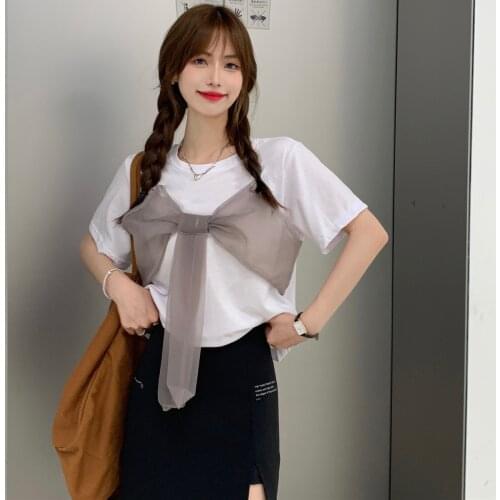 4 Sizes M-2xl Causal All Mathc Loose Short Sleeve Bow Patchwork Fashion Top Women Tops Woman Clthing