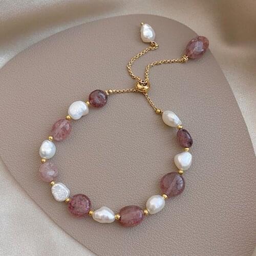 Real Gold Electroplating Shaped Strawberry Crystal Bracelet Peach Blossom Baroque Shaped Freshwater Pearl Fashion Jewelry