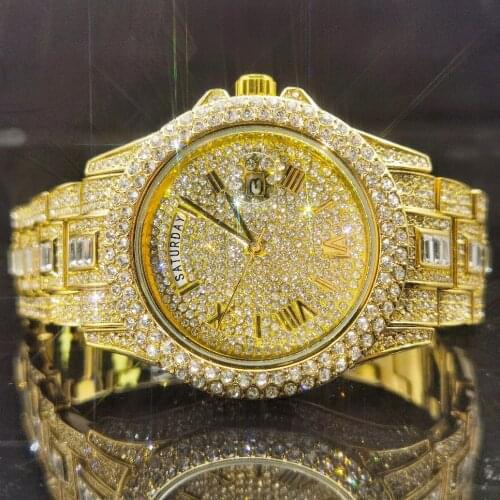 Hiphop MISSFOX Roman Numbers Mens Watches Week Display Automatic Date Watch Iced Out Lab Diamond Watch for Mens Jewellry Gift