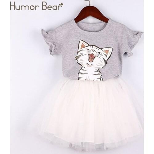 Humor Bear Girl Clothes Set New Summer Short-Sleeved Cartoon Printed T-Shirt+Mesh Skirt 2PCS Set Toddler Children Clothes