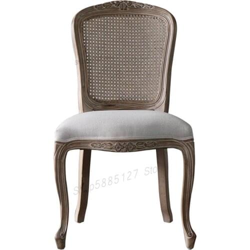 Customized European Retro Solid Wood Carved Dining Chair Rattan Net Back Leather Leather Cotton Linen Soft Cushion Designer Retr