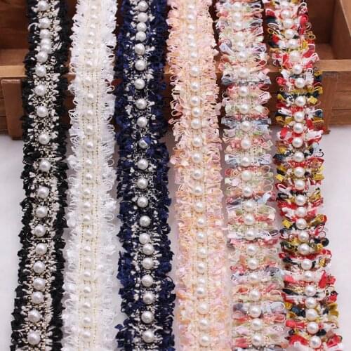 1Yard Polyester Imitation Pearl Beaded Lace Ribbon Braided Trim Garment Supply Home Textile Clothes Embellishment Accessory 2cm