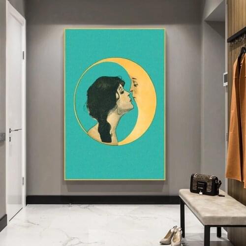 Minimalist Modern Girl Kissing The Moon Canvas Painting Wall Art Nordic Posters and Prints Wall Pictures for Living Room Decor