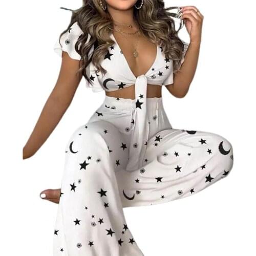 Fashion Women Sexy Bandage V Neck Outfit Short Ruffle Sleeve Crop Top T-shirt Wide Leg Pants Printed Suit for Summer Pants Set
