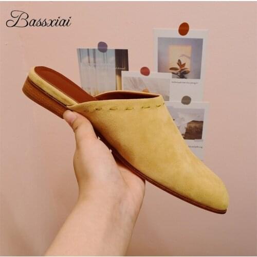 Luxury Suede Point Toe Slip-On Lazyman Mules Lady Sewing Slingbacks Flat Heel Spring Autumn Outwear Slippers Women