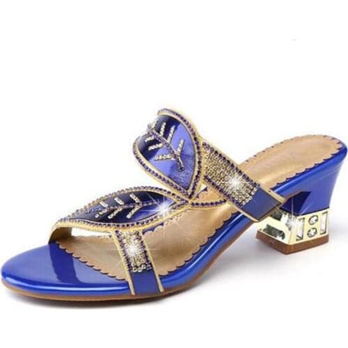 2019 Newest Summer Rhinestone Sandals Open Shoes Woman Slippers Thick Heel Comfortable Genuine Leather Slippers Fashion Sandals