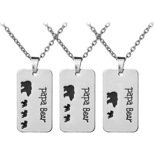 Silver Papa Baby Bear 3 Cubs Engraved Letter Square Pendant Family Love Necklace Jewelry Gifts For Father 10pcs