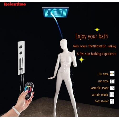 Concealed Thermostatic Shower Faucets Set Nozzle Glow LED Ceiling Rainfall Waterfall Shower Head Bathroom Shower Mixer Panel
