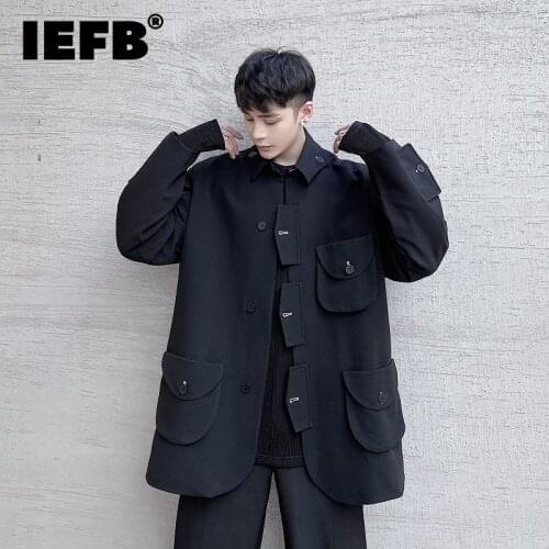 IEFB 2021 Autumn Design Mens Blazer Chinese Style Stand Collar Multi Pocket Personalized Loose Suit Coat Big Size Cloth 9Y9255
