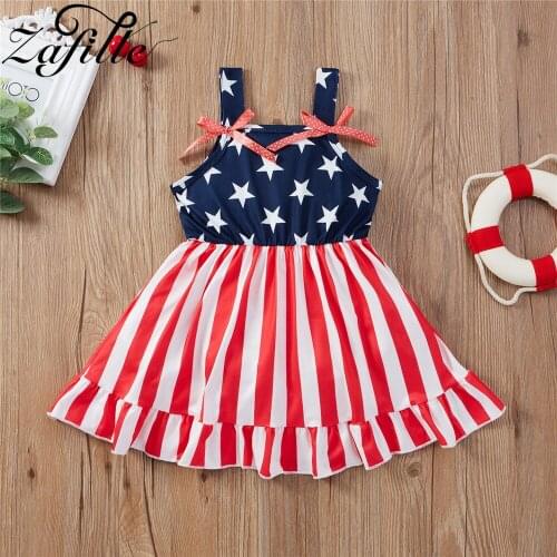 ZAFILLE 4th Of July Dress Girl Outfit Ribbed Independance Day Children Dresses Stars Suspender Toddler Girl Dress Flag Day
