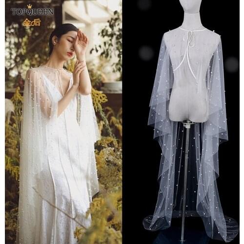 TOPQUEEN G50 Plus Size Bolero for Bride Womens Wedding Cape Pearls Veil Formal Shawl Bridal Jacket Coat for Wedding Dress