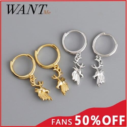 WANTME Fashion Punk Elk Pendant Halloween Stud Earrings for Women Genuine 925 Sterling Silver Bohemian Christmas Jewelry Gift
