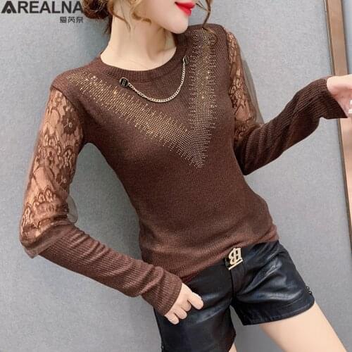 Womens Sweaters Winter Pullover Elegant lace mesh Splice Long Sleeve Jumper Top Knitted woman sweaters Diamond Womens Clothes