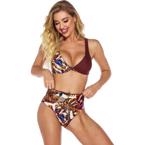 2021 Summer New High Waist Split 2 Piece Swimsuit Sexy Printed Striped Sexy Push Up Bikini Flexibility Brand Brazilian Swimwear