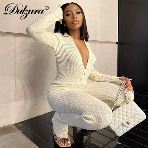 Dulzura Ribbed Knitted Women Long Sleeve Buttons Patchwork Jumpsuit V Neck Slit Bodycon Casual Streetwear 2021 Autumn Winter
